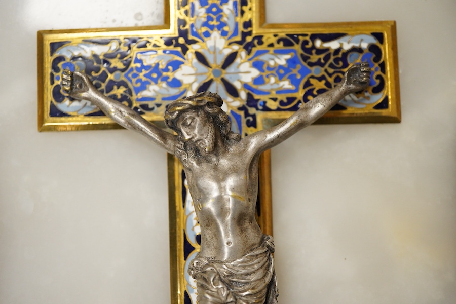 A French champleve enamel, alabaster and silvered bronze ‘benitier’, 36cm